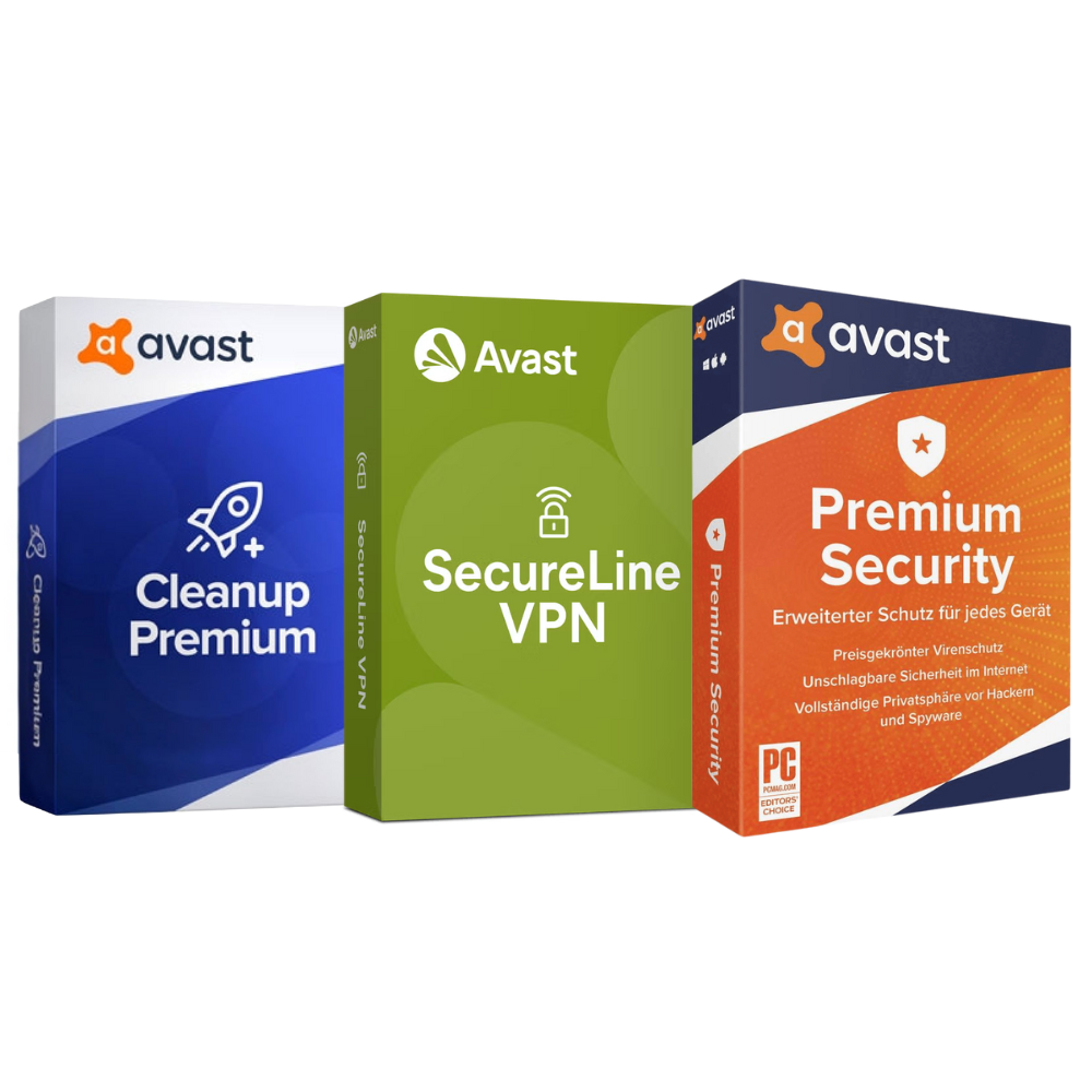 Three boxed software products from Avast, including Avast Cleanup Premium, Avast Premium Security, and Avast SecureLine VPN, displayed against a white background.