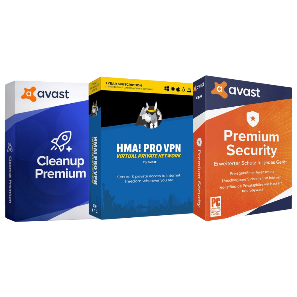Three boxed software products from Avast, including Avast Cleanup Premium, Avast Premium Security, and Avast HMA! Pro VPN, displayed side by side.