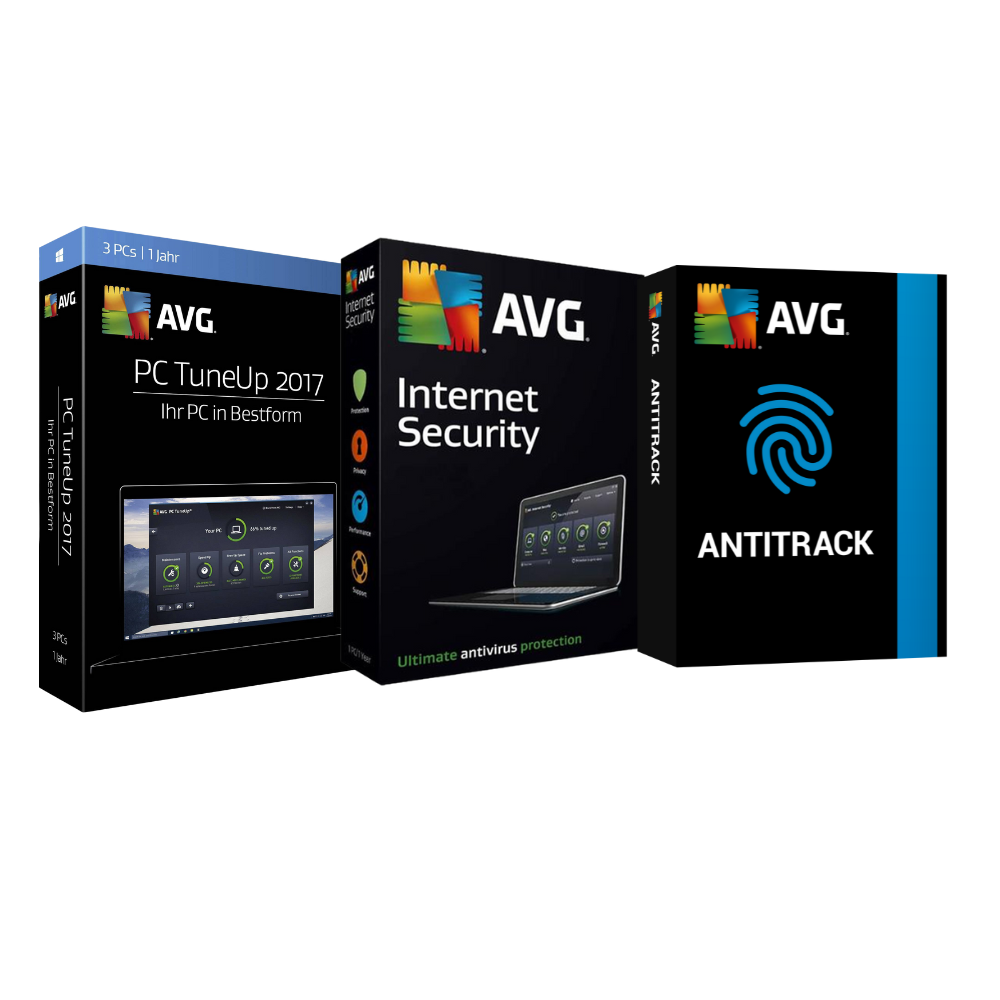 Three boxed AVG software products: AVG PC TuneUp, AVG Internet Security, and AVG AntiTrack, each with a blue and black color scheme and branding.