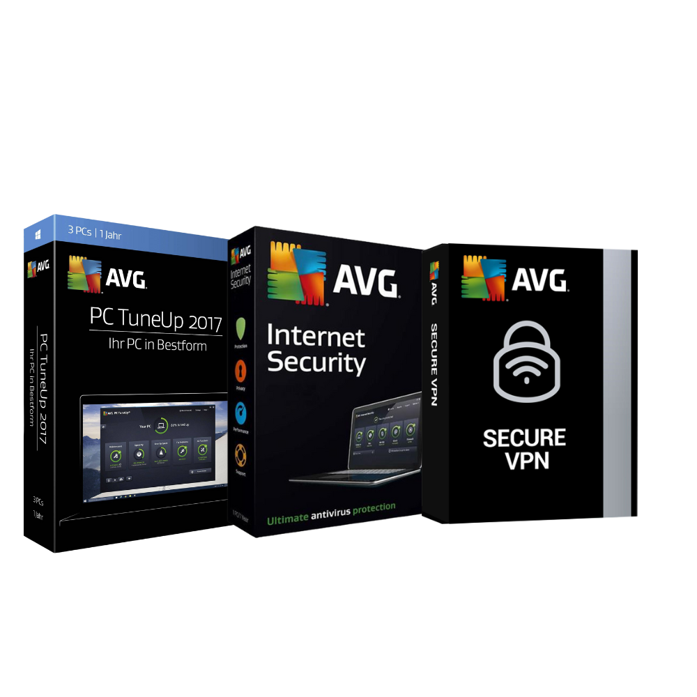 Packaging for AVG PC TuneUp, AVG Internet Security, and AVG Secure VPN software products.