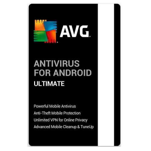AVG Antivirus for Android Ultimate packaging on black background 