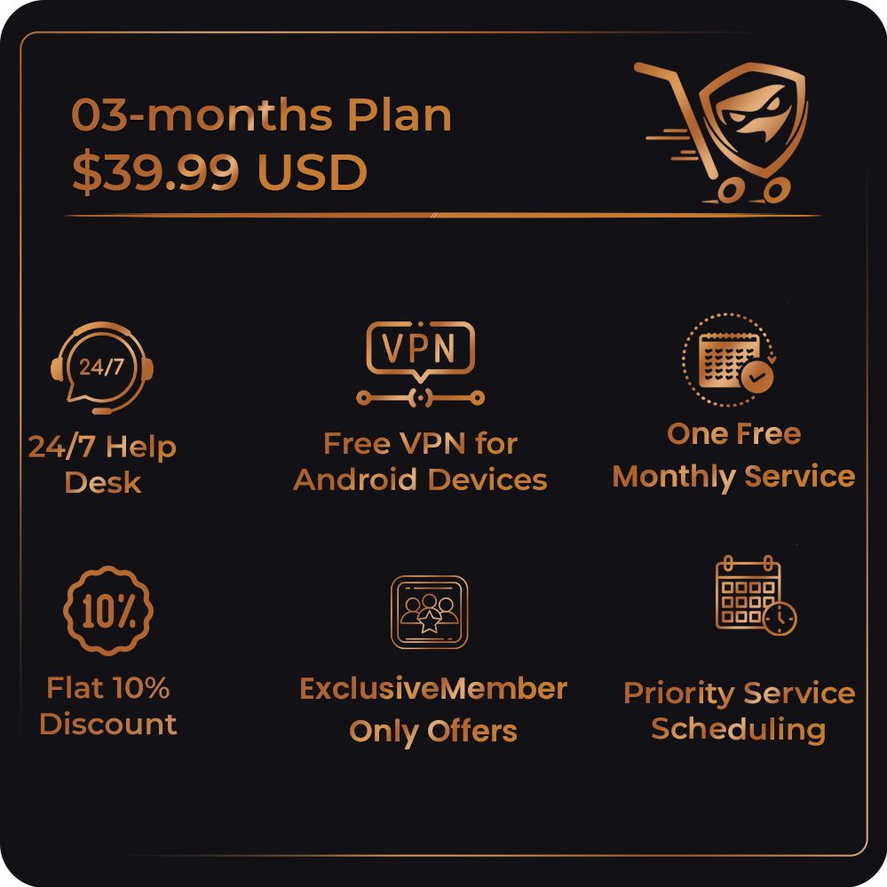Promotional graphic for a 3-month plan with features listed on a black background.