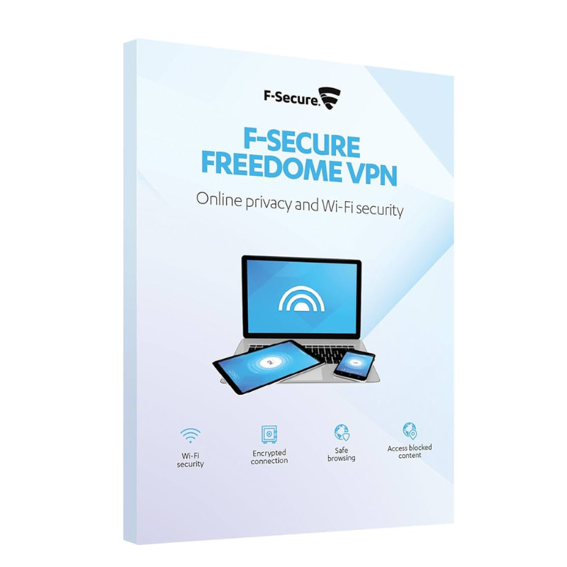 Packaging for F-Secure Freedome VPN software showing a laptop and a smartphone with the F-Secure logo and text indicating online privacy and Wi-Fi security features.