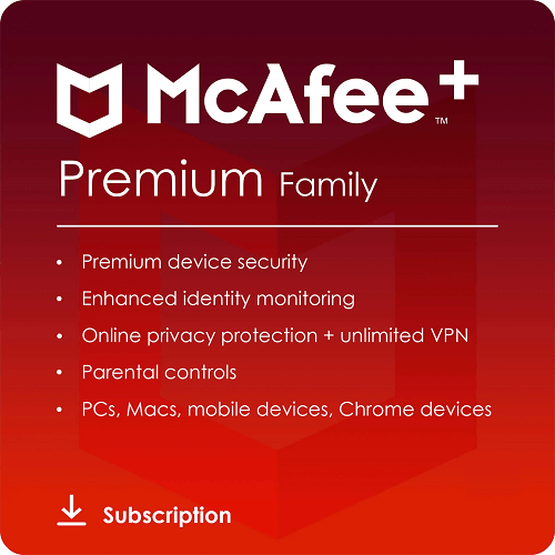 McAfee Premium Family security software package on a red background