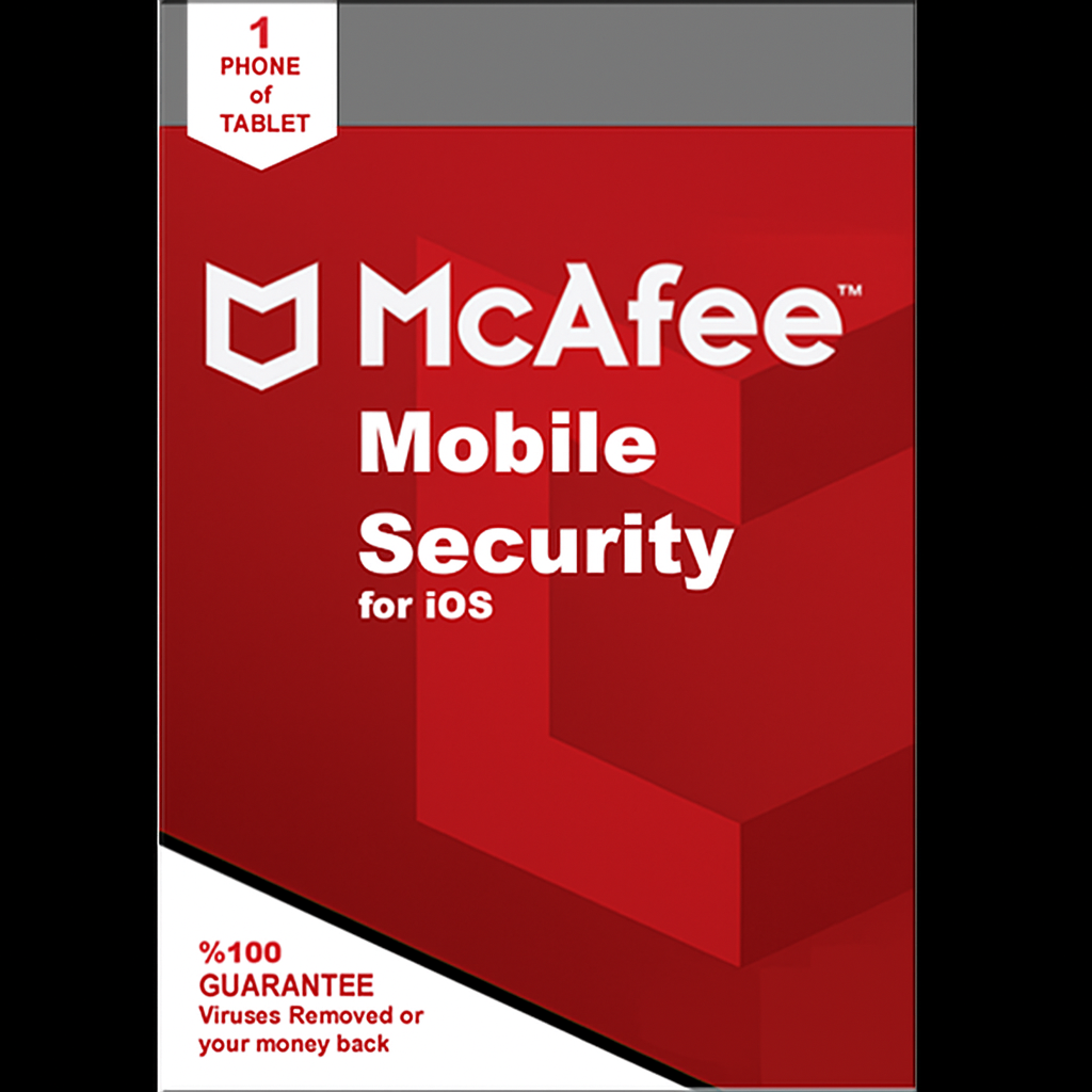 McAfee Mobile Security for iOS packaging on a red background