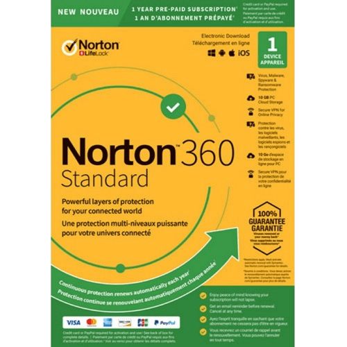 Norton 360 Standard software package packaging on a yellow background