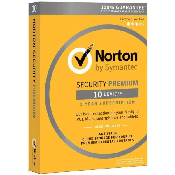 Box packaging for Norton Security Premium software indicating coverage for 10 devices and including parental control features.