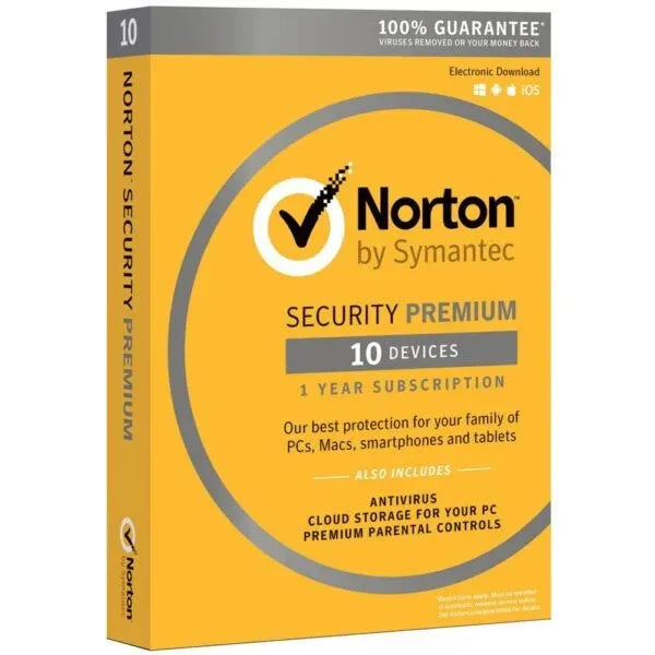 Box packaging for Norton Security Premium software indicating coverage for 10 devices and including parental control features.