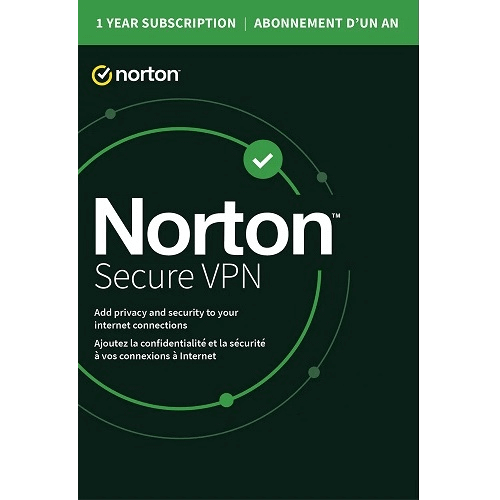 Norton Secure VPN packaging with branding and product description on a green background