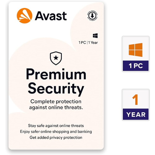 Box packaging for Avast Premium Security software with brand logo and product name visible.