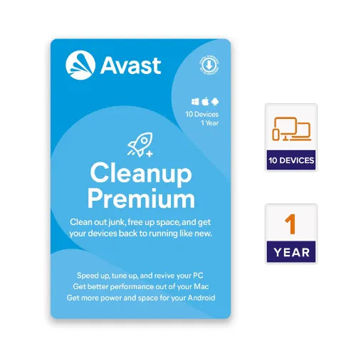 Box packaging for Avast Cleanup Premium software with the brand logo and product name visible.