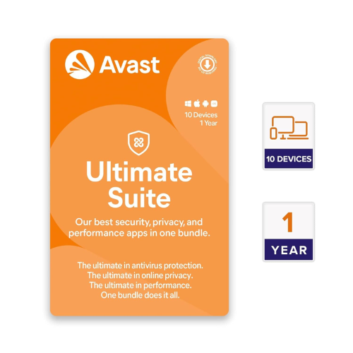 Box cover for Avast Ultimate Suite software featuring the Avast logo and a shield icon.