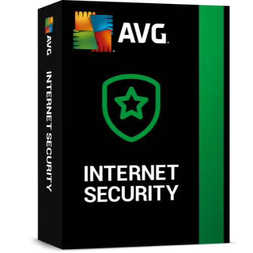 Box packaging for AVG Internet Security software with brand logo and product name visible.