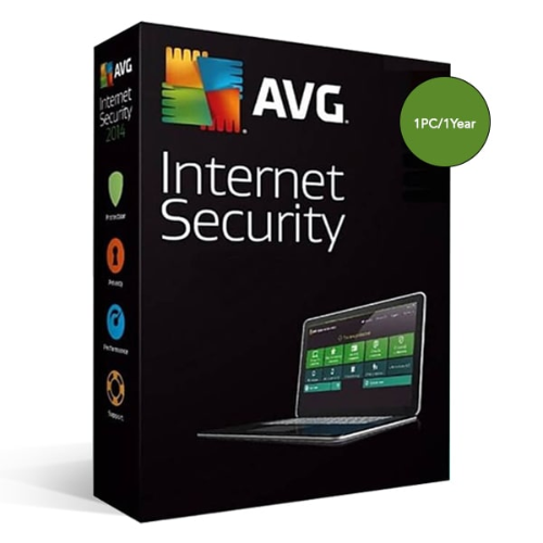 Box packaging for AVG Internet Security software with brand logo and product name visible.
