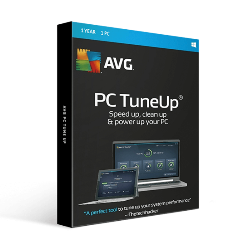 Box cover for AVG PC TuneUp software featuring graphics and text that highlight the product's features and compatibility with Windows operating systems.