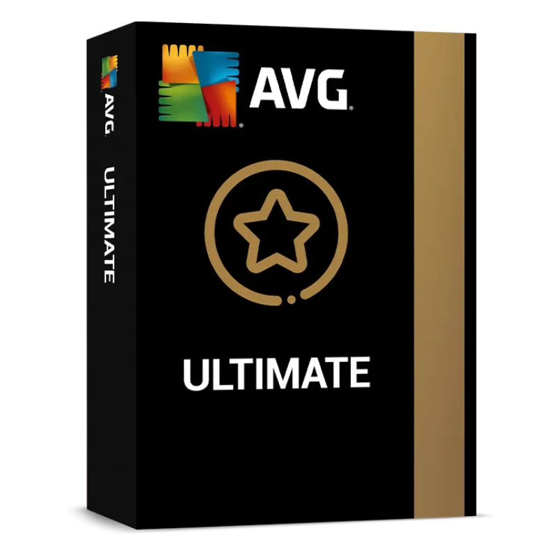 Packaging box for AVG Ultimate software with brand logo and product name visible.