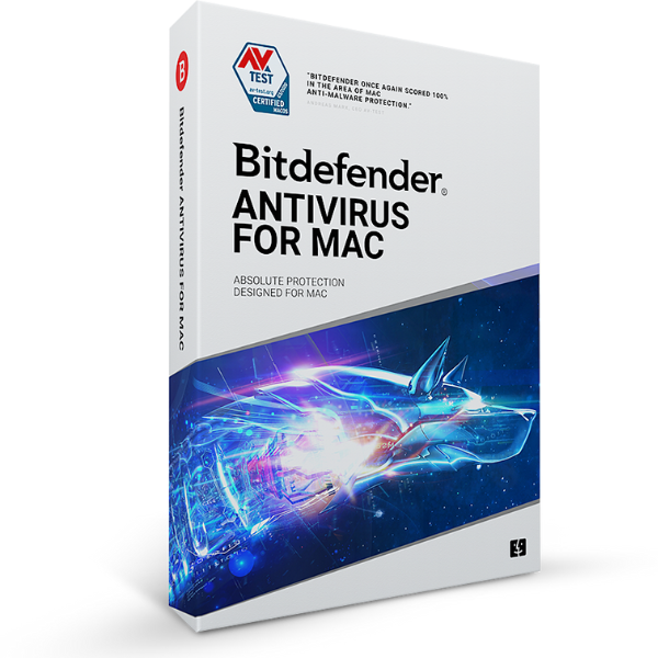 Packaging box for Bitdefender Antivirus for Mac with a graphic representing digital security.