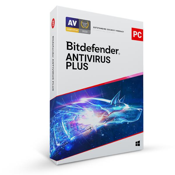 Packaging box for Bitdefender Antivirus Plus software designed for use on PC.