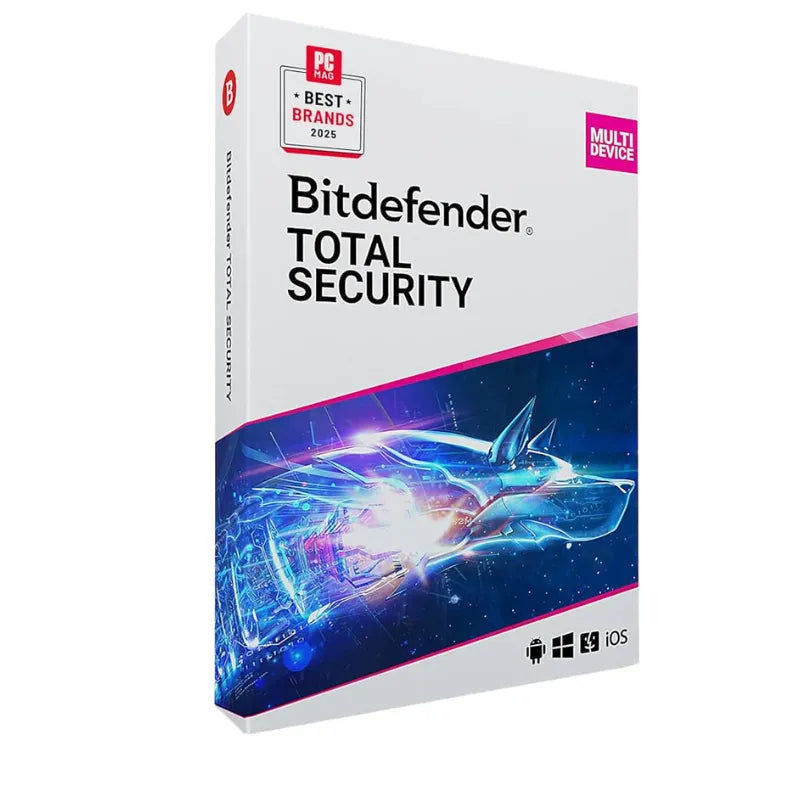 Box cover for Bitdefender Total Security software featuring a digital artwork of a stylized character with a bow and arrow against a cosmic background.