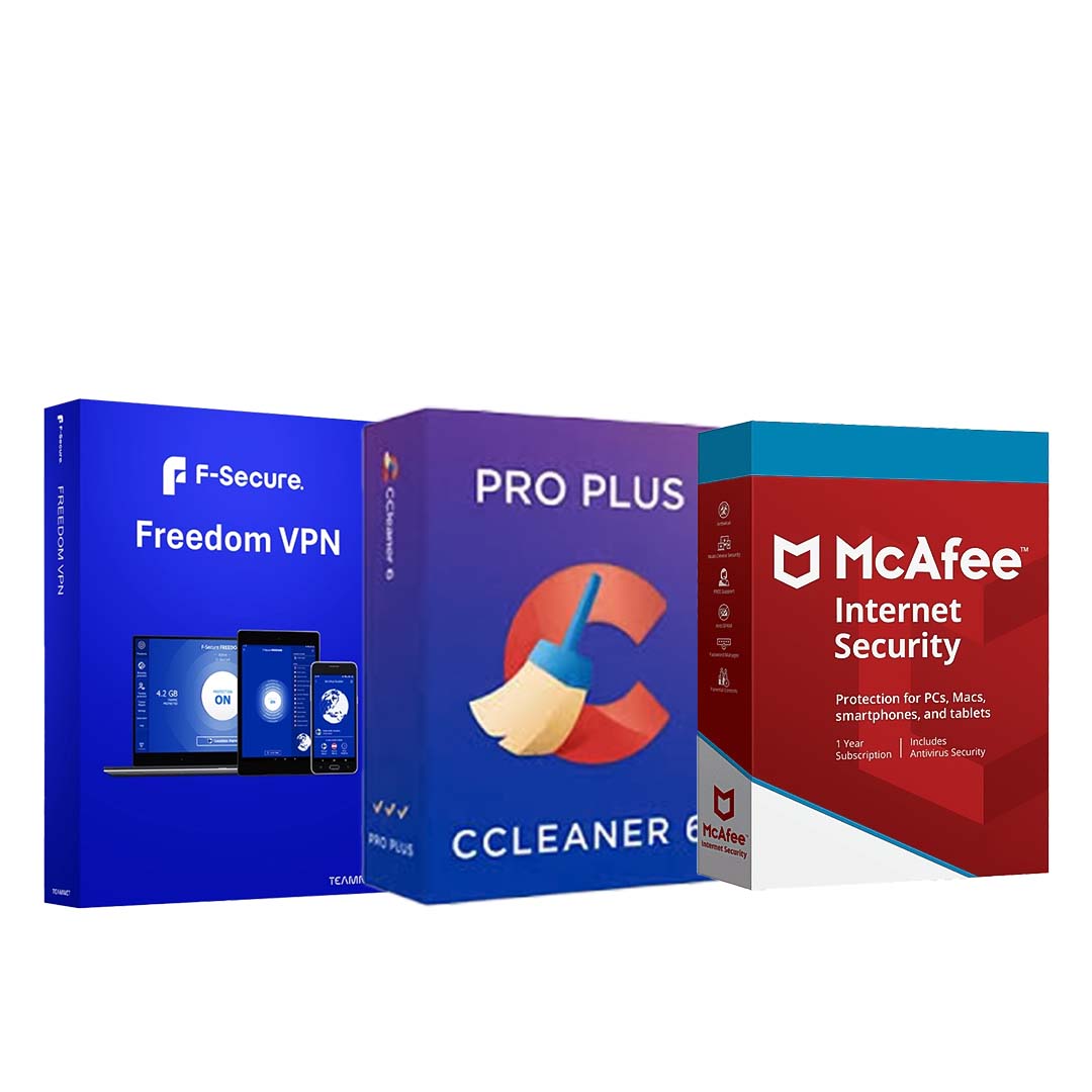 Three boxed software products: F-Secure Freedom VPN, CCleaner, and McAfee Internet Security, each with their respective branding and color schemes.