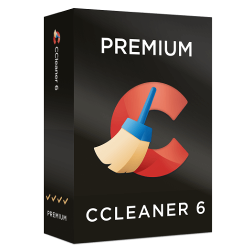Box packaging for CCleaner Premium 6 software with a brush graphic and red C logo on a black background.