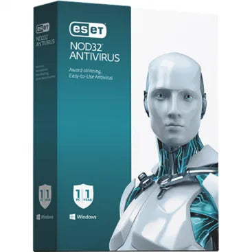 Box cover for ESET NOD32 Antivirus software featuring a graphic of a digital character with a, predominantly green, user interface and a blue and white color scheme.