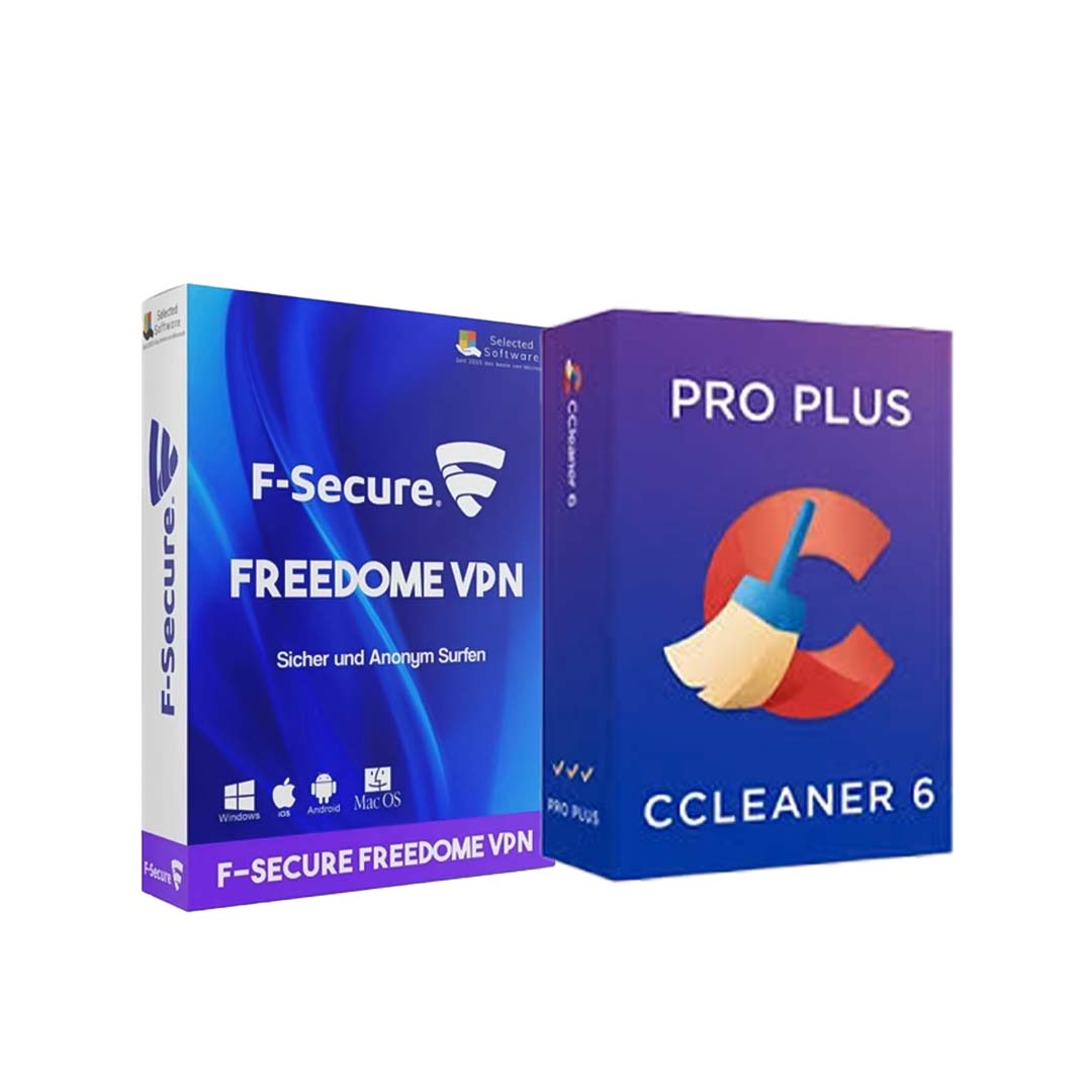 Packaging for F Secure Freedome VPN and CCleaner software products.