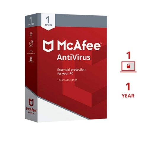 Packaging for McAfee Antivirus software indicating coverage for 1 device and 1 year subscription.