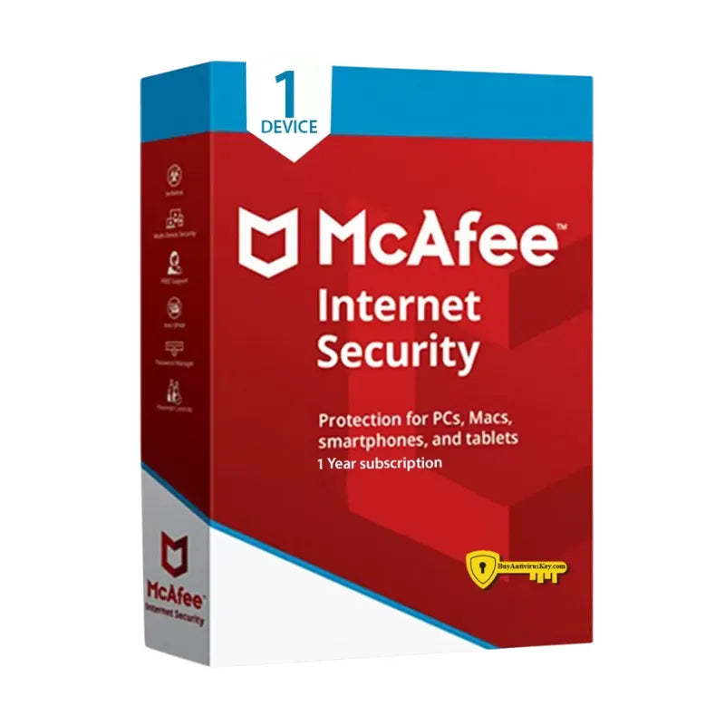 Packaging box for McAfee Internet Security software indicating protection for PCs, Macs, smartphones, and tablets with a 1-year subscription.