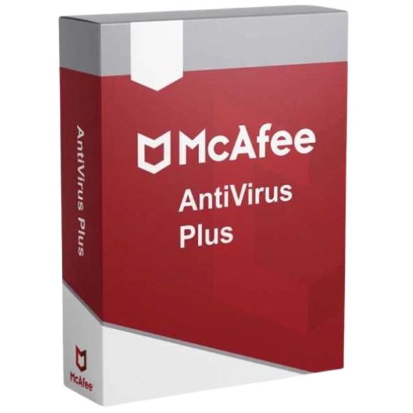 Box packaging for McAfee Antivirus Plus software with red and white design elements.