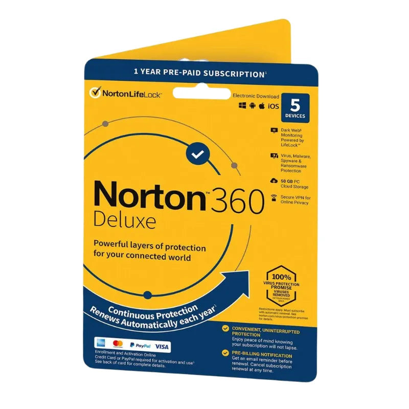 Norton 360 Deluxe security software package on a white background
