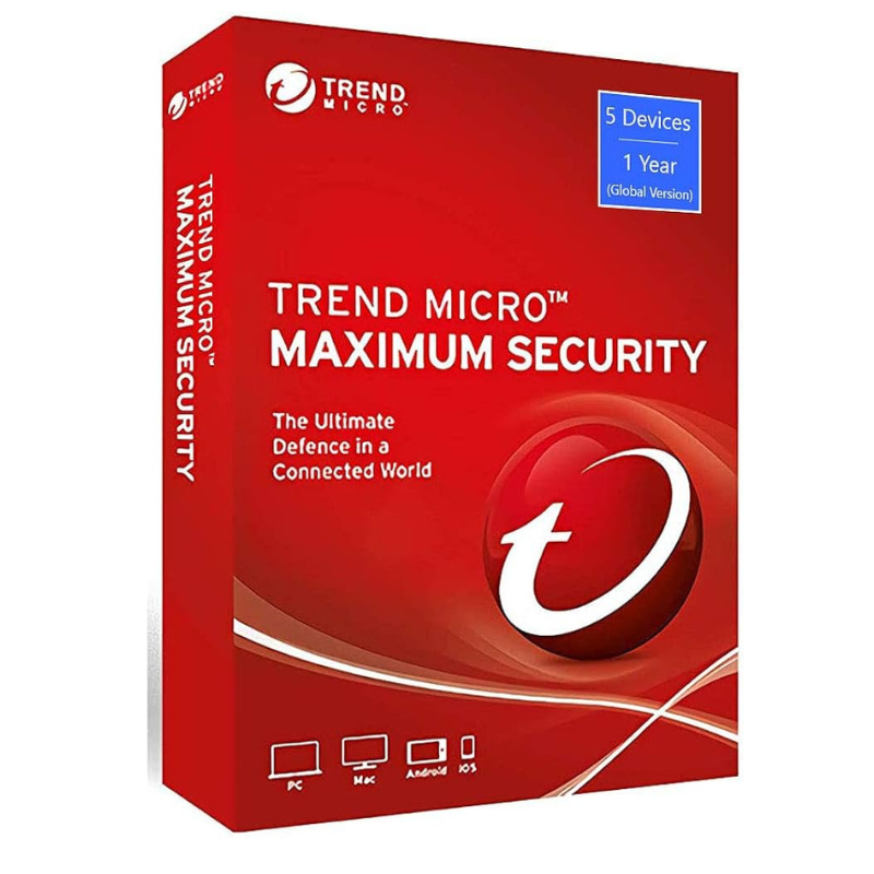 Packaging box for Trend Micro Maximum Security software, indicating coverage for 5 devices and 1 year subscription.
