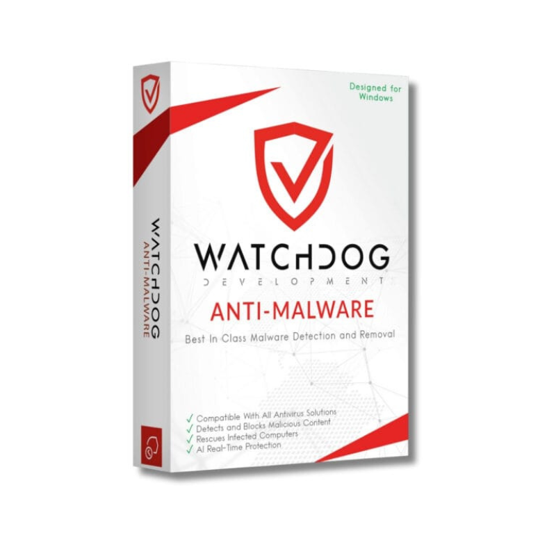 Packaging box for Watchdog Anti-Malware software with a white background, red accents, and a shield logo.