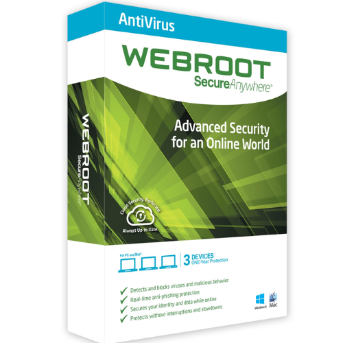 Box packaging for Webroot SecureAnywhere AntiVirus software with green and white design elements.