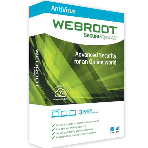 Box packaging for Webroot SecureAnywhere AntiVirus software with green and white design elements.